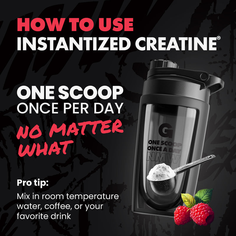 Shaker bottle with instantized creatine powder and text on how to use it. | sour raspberry 30