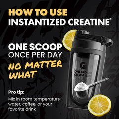 Shaker bottle with instantized creatine and lemon slices on a black background | sweet lemonade