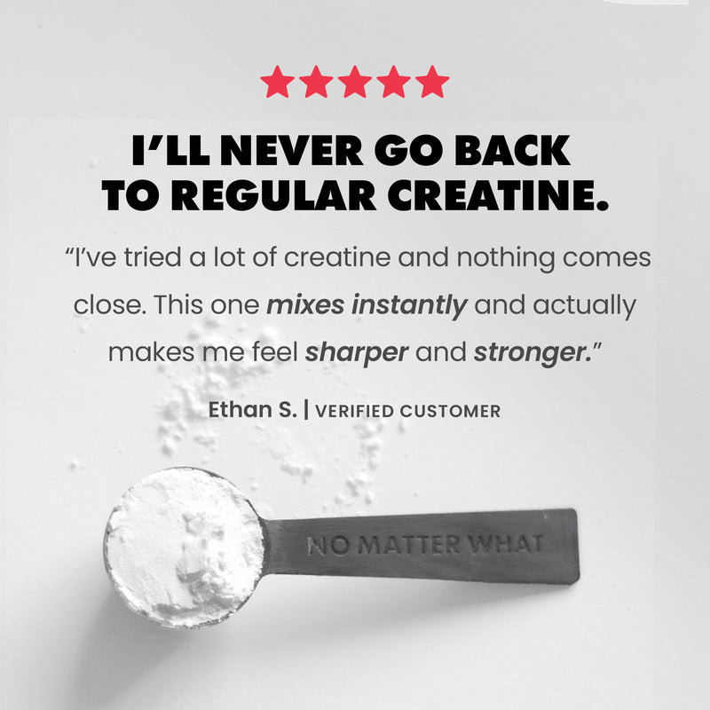 Spoon with creatine powder and customer review on a light gray background | sour raspberry 30