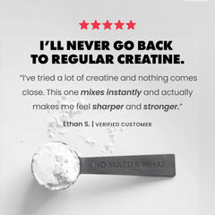 Spoon with creatine powder and customer review on a light gray background | sour raspberry