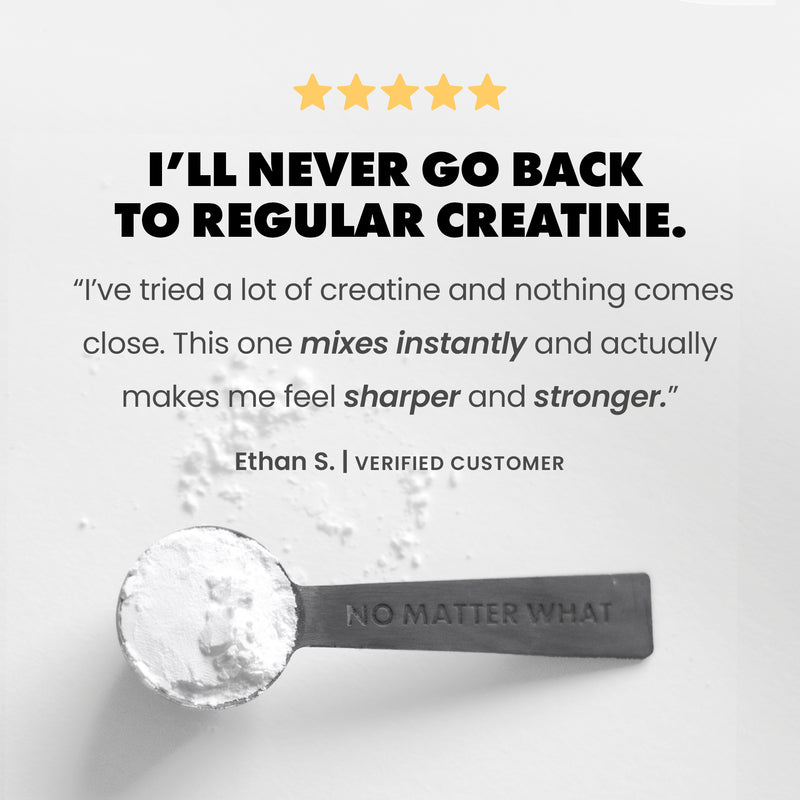 Spoon with creatine powder and customer review on a light gray background | sweet lemonade 30