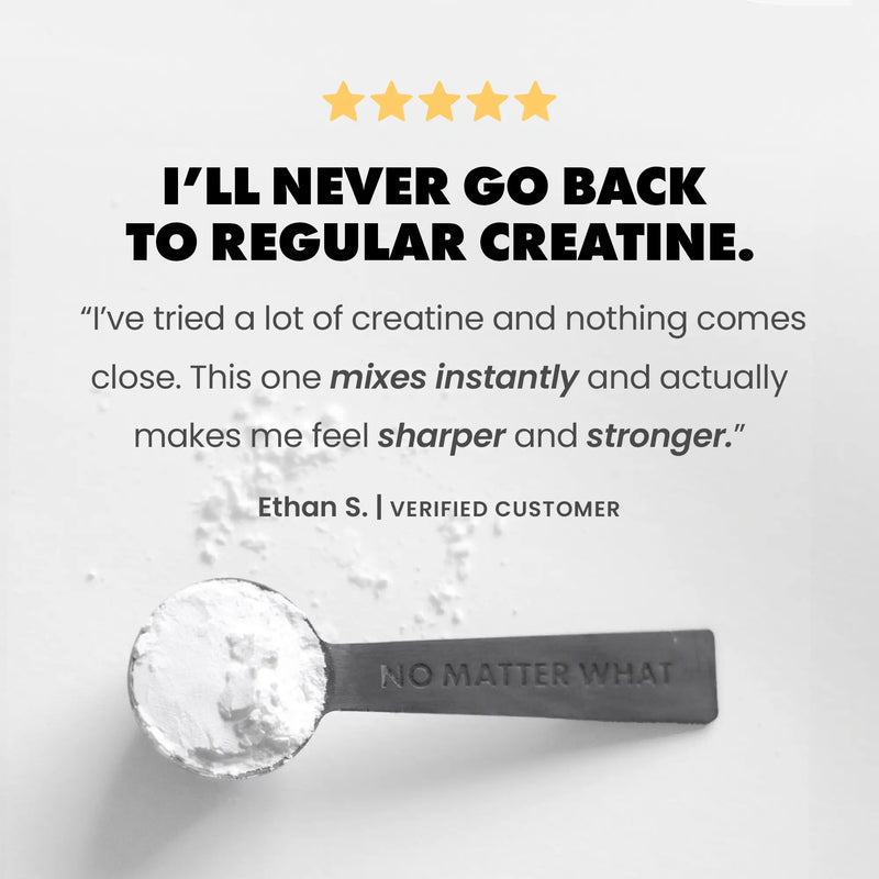 Spoon with creatine powder and customer review on a light gray background | sweet lemonade