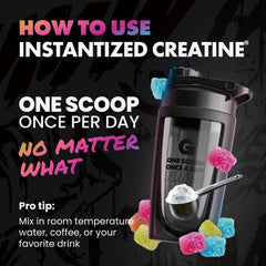 Shaker bottle with instantized creatine and colorful gummy bears on a dark background | sour gummy
