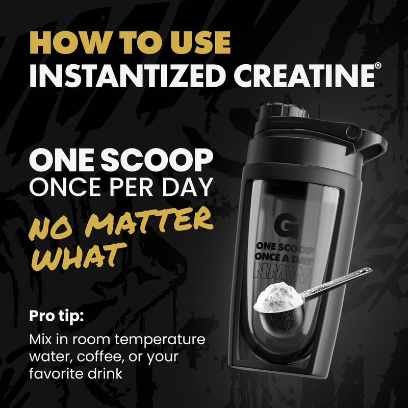 Shaker bottle with instantized creatine powder and text on how to use it. Supplement facts | original 90