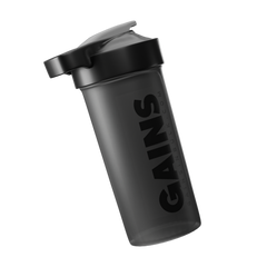 Black shaker bottle with 'GAINS' branding on a white background