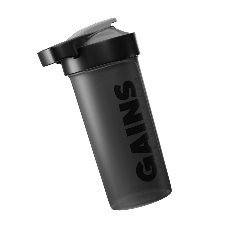 Black shaker bottle with 'GAINS' branding on a white background