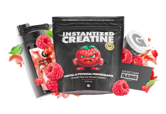 The Instantized Creatine Special Offer features a raspberry cartoon character on the bag, surrounded by raspberries, a shaker bottle, scooper, and a $20 GAINS gift card, all with a pink liquid splash.