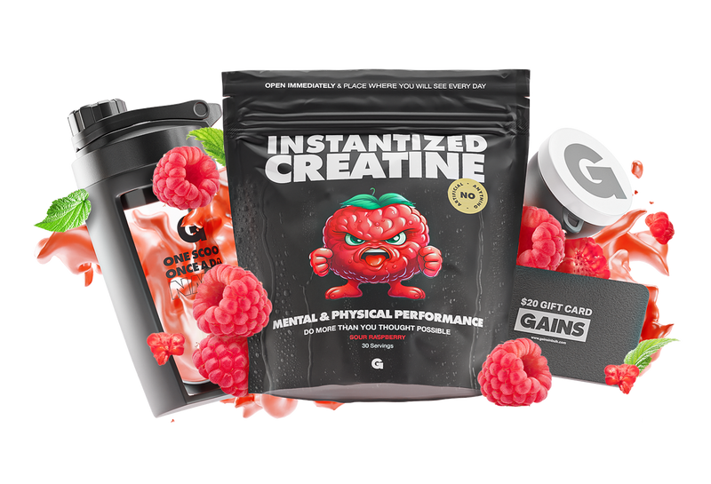 The Instantized Creatine Special Offer features a raspberry cartoon character on the bag, surrounded by raspberries, a shaker bottle, scooper, and a $20 GAINS gift card, all with a pink liquid splash.