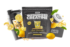 A pouch of Instantized Creatine Special Offer (Sweet Lemonade flavor) is shown with lemons, a shaker, a $20 GAINS gift card, and powder scoop, with lemon slices and splashes highlighting its refreshing taste.