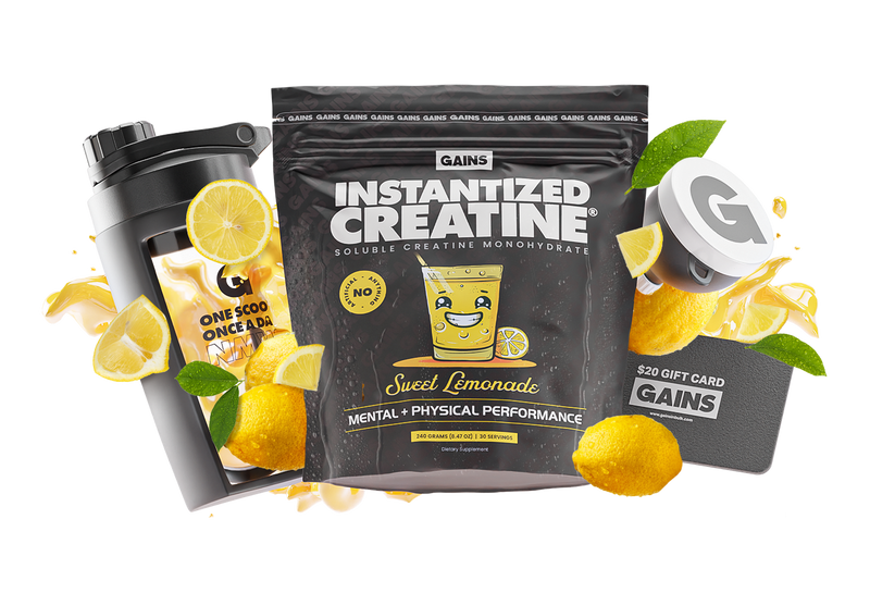 A pouch of Instantized Creatine Special Offer (Sweet Lemonade flavor) is shown with lemons, a shaker, a $20 GAINS gift card, and powder scoop, with lemon slices and splashes highlighting its refreshing taste.