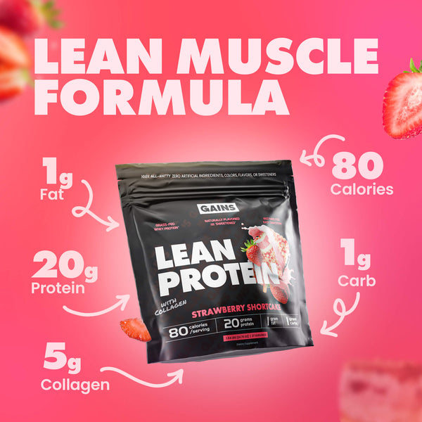 Gains Lean Protein package with nutritional information on a pink background