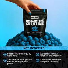 Gains Instantized Creatine package with blueberries on a blue background benefits | blue raspberry 