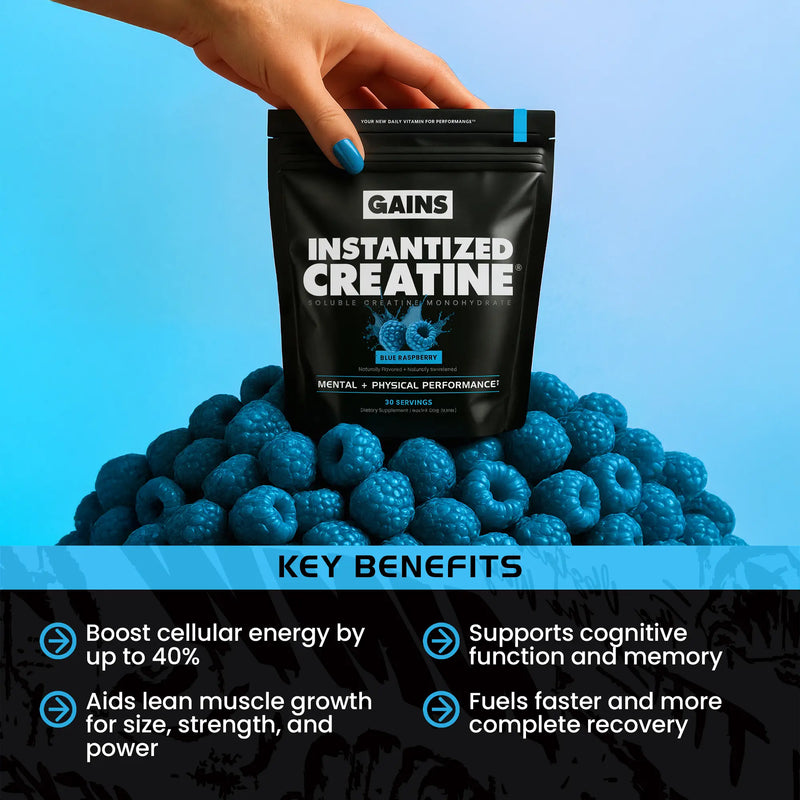 Gains Instantized Creatine package with blueberries on a blue background | blue raspberry 