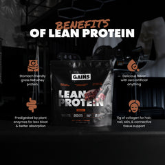 Gains Lean Proein package with benefits listed on a dark background | brownie