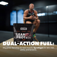 Gains Lean Protein package with a person in the background in a gym setting