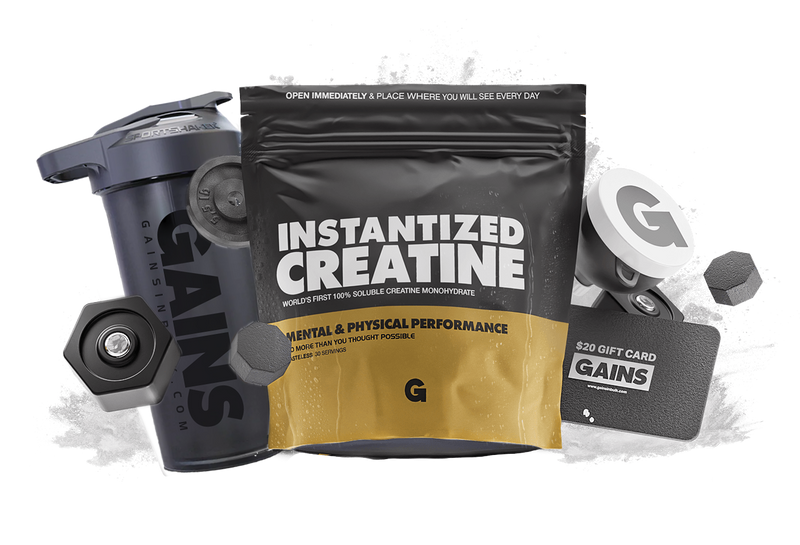 A bag labeled Instantized Creatine Special Offer sits on a gray, textured background with a shaker bottle, two dumbbells, a $20 gift card, and a scoop of creatine powder arranged around it.
