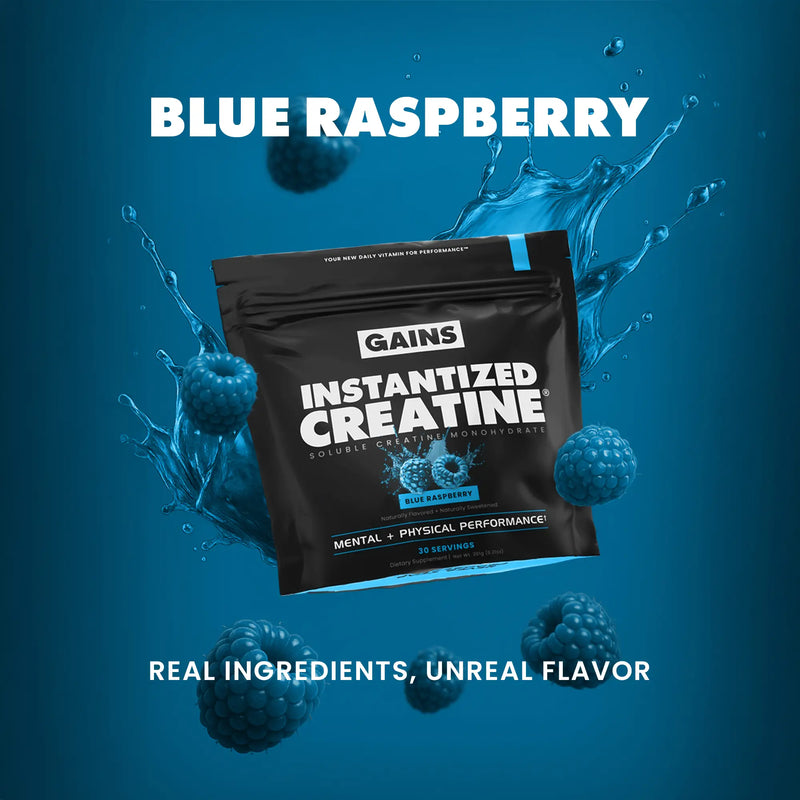 Gains Instantized Creatine package with blue raspberries on a blue background  | blue raspberry 