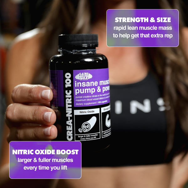 crea nitric 100 held by female athlete. benefits listed, nitric oxide boost and increased strength and size.