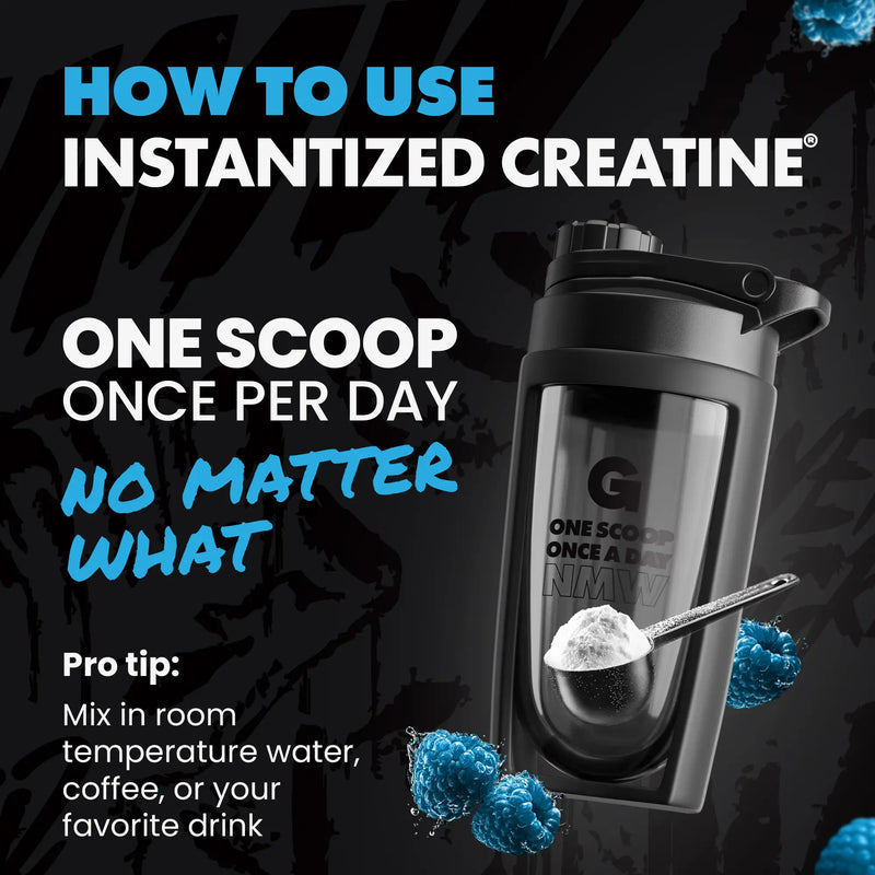 Shaker bottle with instantized creatine powder and text on how to use it. | blue raspberry 