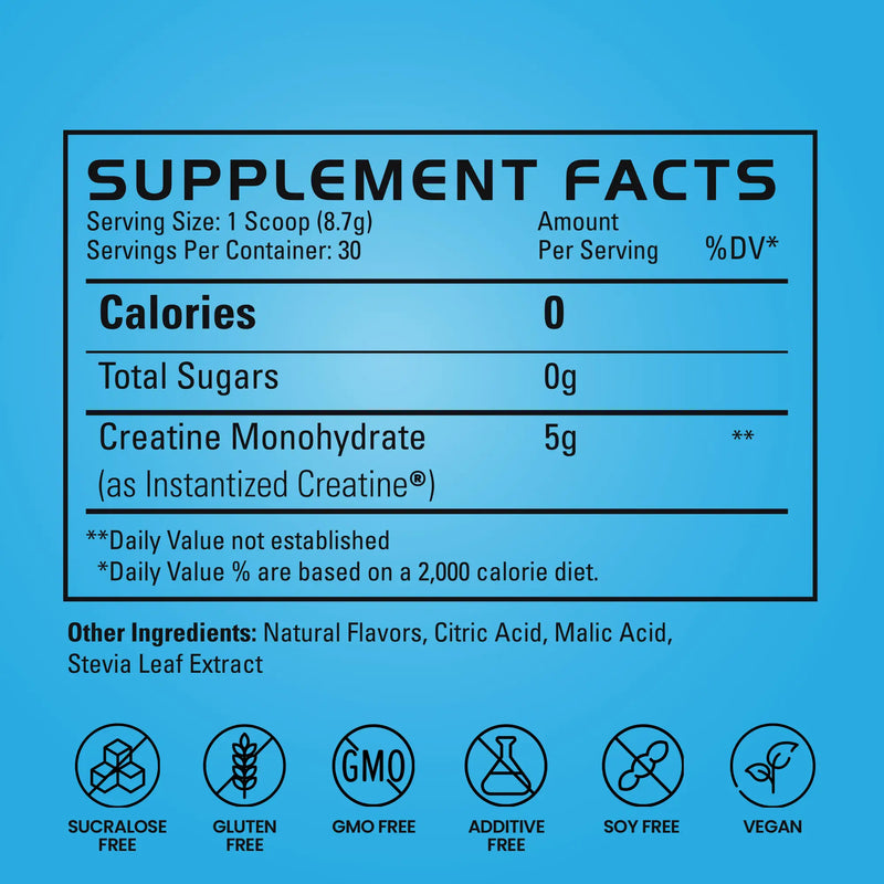 Supplement facts label with blue background and black text | blue raspberry 