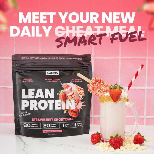 Gains Lean Protein package with a strawberry shortcake flavored shake on a pink tiled background