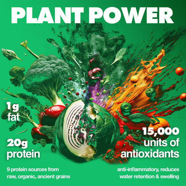vegetables exploding, plant power. Raw nutrition benefits listed: 1g fat, 20g protein, 15,000 units of antioxidants, anti-inflammatory, organic, hypoallergenic