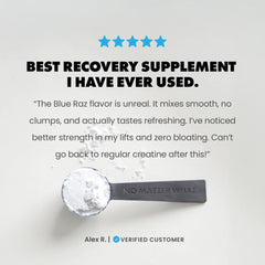 Spoonful of recovery supplement with customer review text on a light gray background | blue raspberry 
