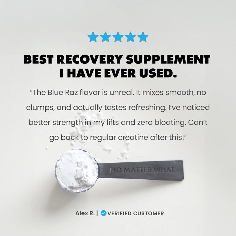 Spoonful of recovery supplement with customer review text on a light gray background | blue raspberry 