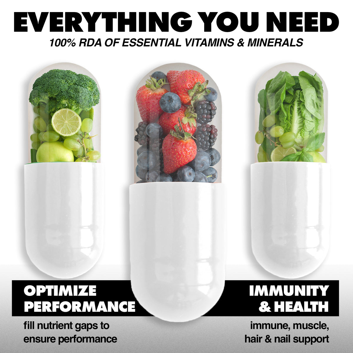 vitamin capsules full of fruit and vegetables. Square 1 benefits: immunity, health, performance