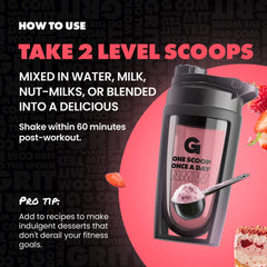 Shaker bottle with protein powder scoop and text on how to use it, on a black and pink background.