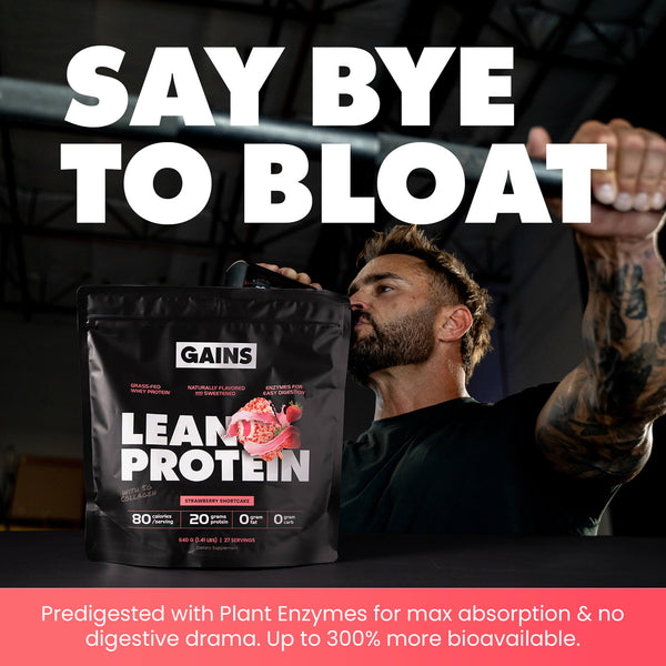 Person holding a Gains Lean Protein package with promotional text about reducing bloat.