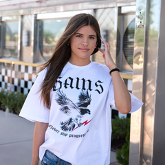 Gains USA 250th Anniversary T-shirt in front of 1950s diner 